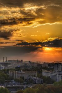 High angle view of townscape against sky during sunset