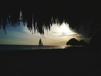 Silhouette trees on beach against sky during sunset