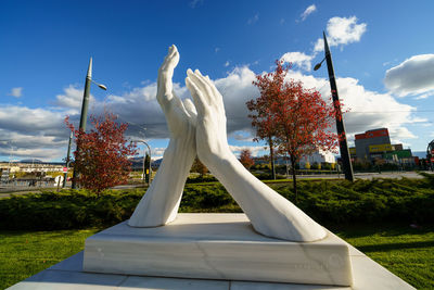 Statue in park against sky