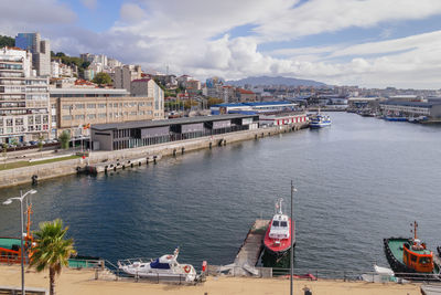 High angle view of sea by city against sky