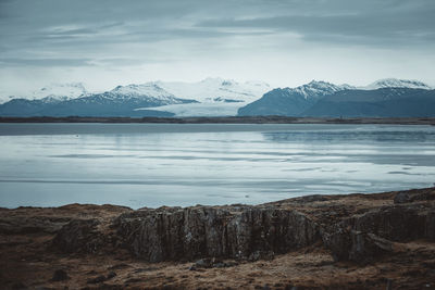 Scenic view of snowcapped mountains against sky