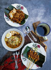 High angle view of food served on table