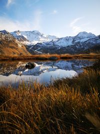 Scenic view of lake by snowcapped mountains against sky