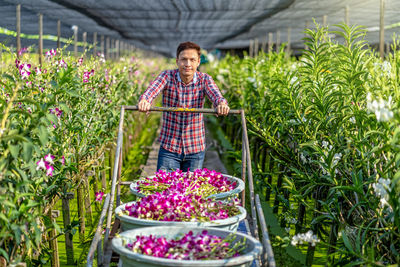 Portrait of smiling man with flowers in containers standing at greenhouse