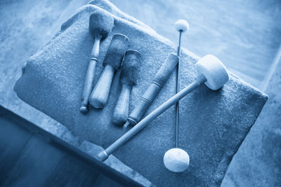 High angle view of equipment on table