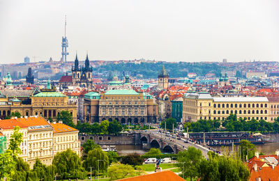 High angle view of buildings in city