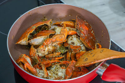 High angle view of seafood in cooking pan