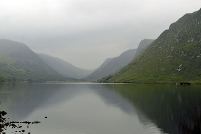 Scenic view of lake by mountains against sky