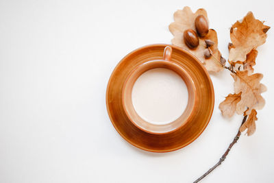 High angle view of food on table against white background