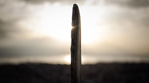 Close-up of wooden post on land against sky during sunset