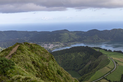 Scenic view of landscape and sea against sky