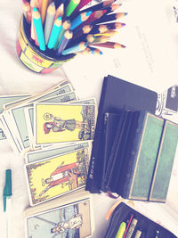 High angle view of books on table