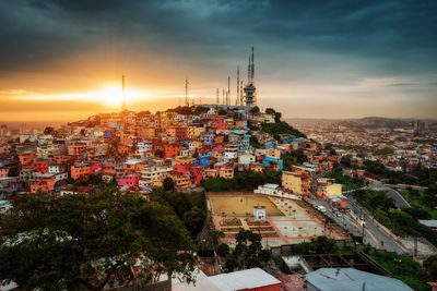 High angle view of townscape against sky during sunset