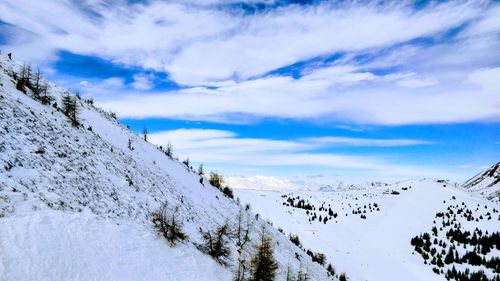 Scenic view of snow covered landscape against sky