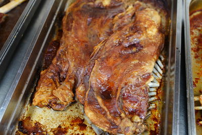 High angle view of food on barbecue grill