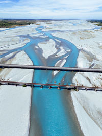 Bridge crossing the braiding rakaia river, new zealand