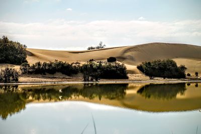 Scenic view of lake against cloudy sky