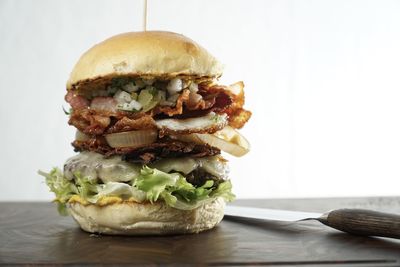 Close-up of burger on table