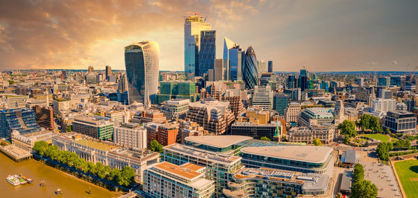 Beautiful london business district view with many skyscrapers.