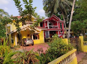 Houses by palm trees and plants outside house
