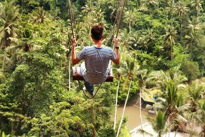 Rear view of man swinging over landscape