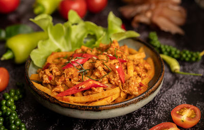 Close-up of meal served on table