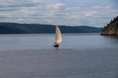 Sailboat sailing on sea against sky