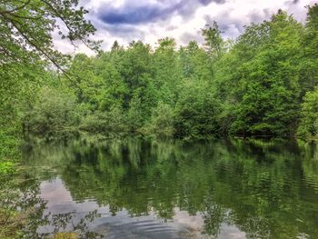 Scenic view of lake against cloudy sky