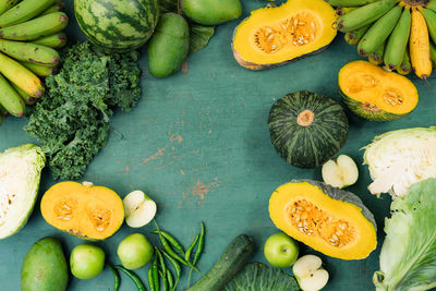 High angle view of various vegetables on table