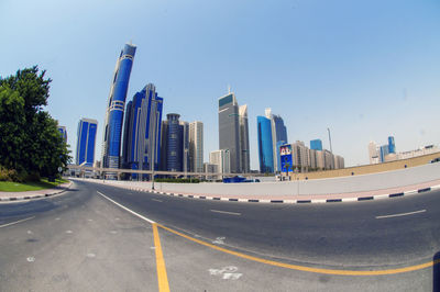 Panoramic view of city buildings against clear sky