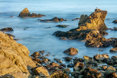 Scenic view of rocks on beach against sky