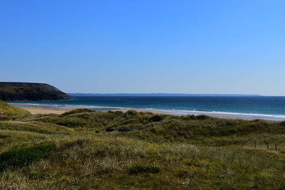 Scenic view of sea against clear blue sky