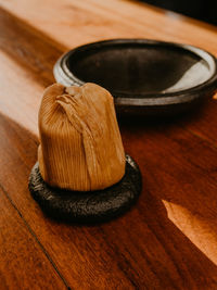 High angle view of hat on table