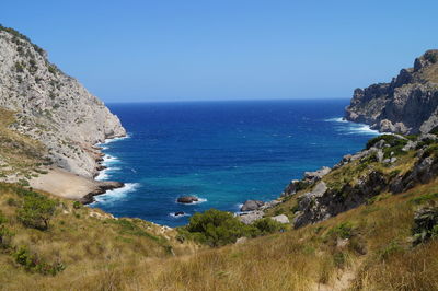 Scenic view of sea against clear blue sky