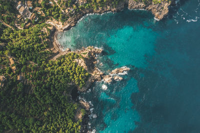 Aerial: tropical coastline with rich colours and turquise water in spain
