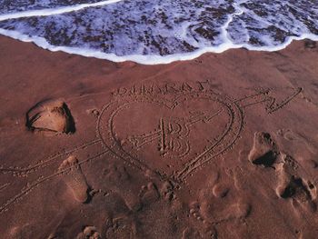 High angle view of text on beach