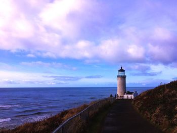 Lighthouse by sea against sky