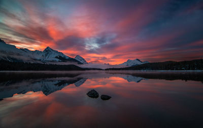 Scenic view of lake and mountains against sky during sunset