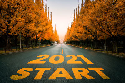 Text on road amidst trees during autumn