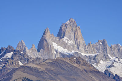 Panoramic view of snowcapped mountains against clear blue sky