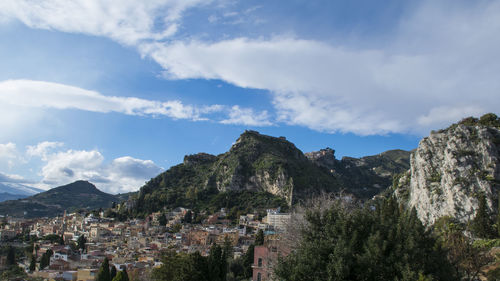 Panoramic view of trees and mountains against sky