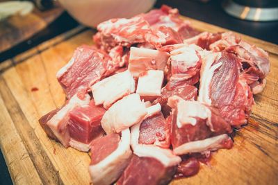 High angle view of chopped bread on cutting board
