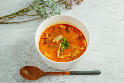 High angle view of soup in bowl on table