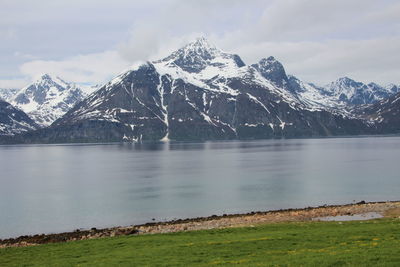 Scenic view of lake against cloudy sky