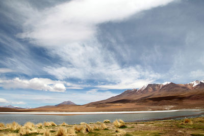 Scenic view of mountains against cloudy sky
