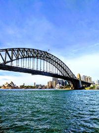 Sydney harbor bridge over river with city in background