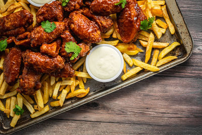 High angle view of meal served on table