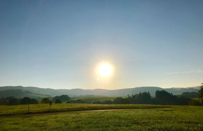 Scenic view of field against clear sky during sunset