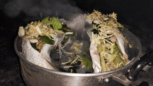 High angle view of chopped vegetables in container