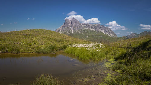 Scenic view of lake and mountains against sky